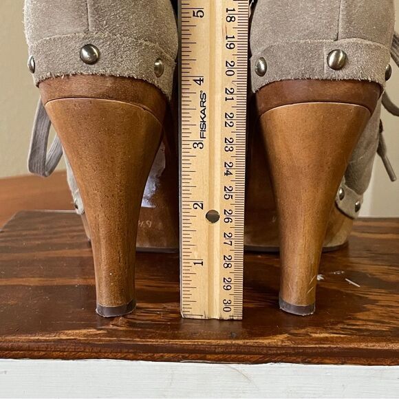 GUESS Wood Heel Platform Stiletto Boots Tan Suede Leather Cream Faux Fur sz 6.5 - Picture 10 of 13